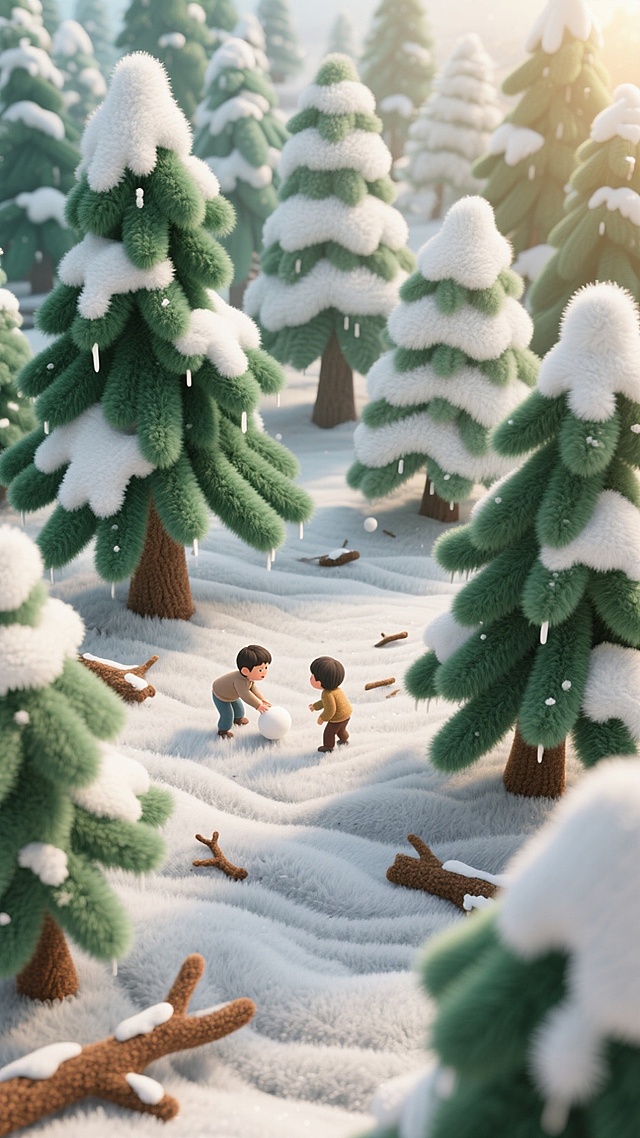 一片冬日森林场景，森林里有大量高大的松树，松树上有雪堆积，一个小孩在森林当中扔雪球，另一个在前面快速奔跑，正面高空俯拍视角