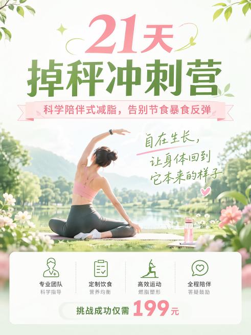 # 图文详情
## 21天掉秤冲刺营
挑战成功仅需199元！
科学陪伴式减脂，告别节食、暴食、反复反弹

### 导师介绍
**苏苏**
国家注册营养师·运动营养顾问
NSCA-CPT美国国家体能协会预览效果