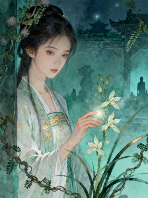 古风水彩插画，竖版封面，年轻女子半身像，女子身着素雅宫装，气质清冷，手轻抚一株盛开的素心兰，指尖带有微光，藤蔓和含羞草从画面边缘缠绕生长，背景是朦胧的宫墙和冷宫剪影，夜色微光，整体为青绿色调，用淡金色预览效果