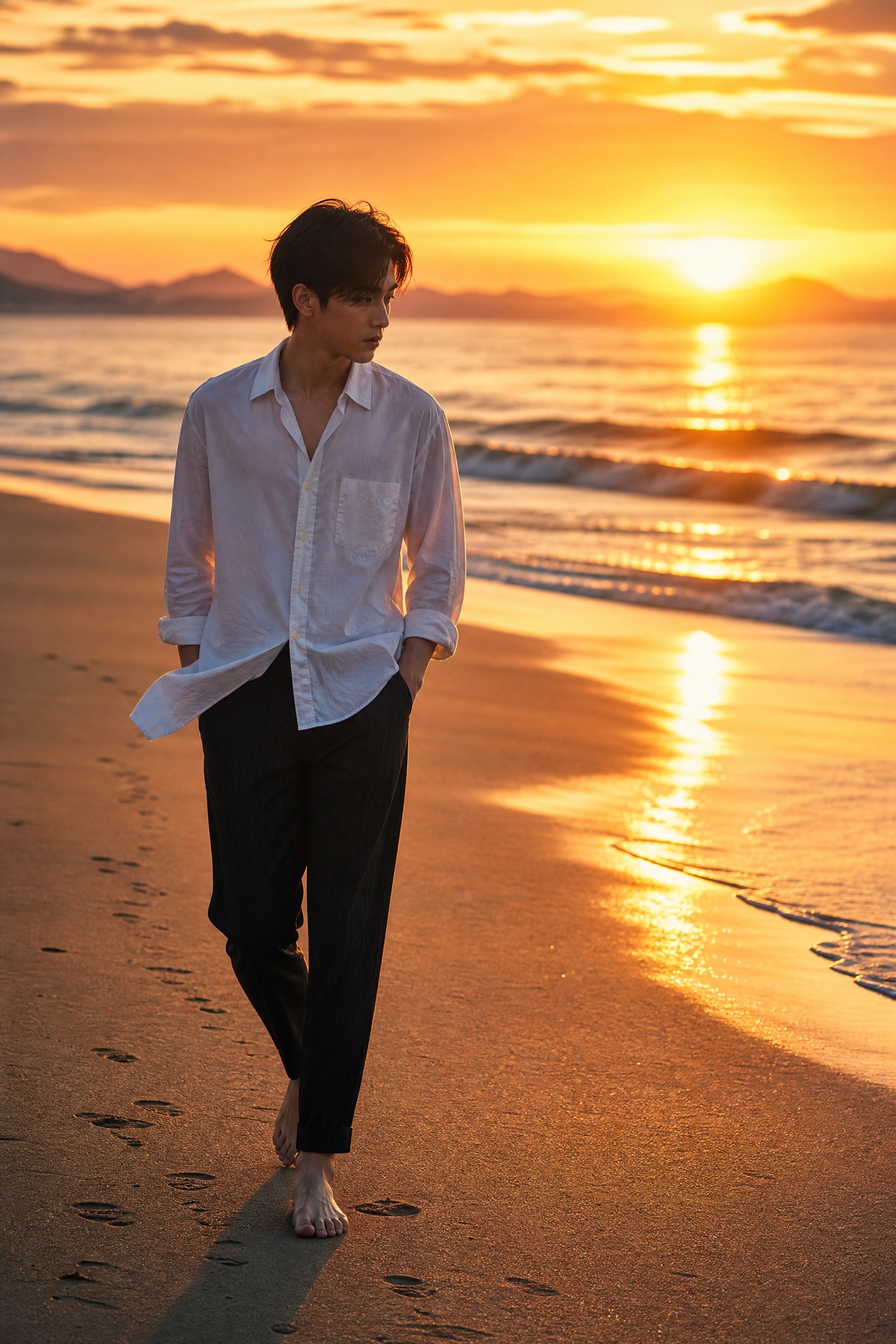 一个穿白衬衫的男孩，光脚在沙滩上散步，夕阳西下，金色的阳光洒在… - 图片创意预览