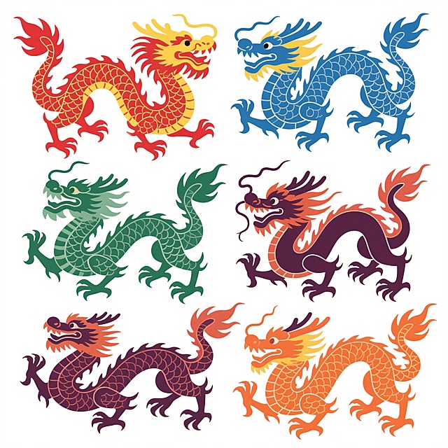 六个不同造型的中国传统龙纹图案系列素材集合，每个龙纹均保持细腻的线条勾勒风格与鳞片、鬃毛、爪牙等传统元素细节，画面整体色彩分别变换为正红色、明黄色、宝蓝色、翠绿色、深紫色、橙色，所有龙纹图案规整排布于纯白色背景上，构图均衡统一，形成具有强烈视觉连贯性的系列设计。