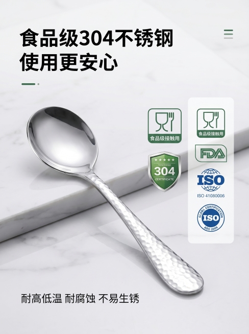 [主图-5] 食品级权威认证展示。[氛围风格] 干净简洁，放心可靠。[画质] 商业摄影质感、光线柔和通透、产品清晰真实、画面干净高级。[元素] 勺子放置在干净浅色背景上，旁边展示食品级接触用标识和认证预览效果