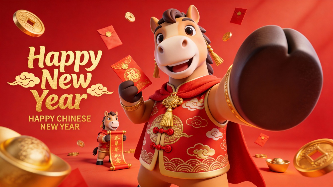 萌系 3D 卡通风格，营造新年喜庆且温馨的视觉氛围。大透视构图，极低的仰视角度，超广角镜头拍摄的人物，呈现小马蹄子与镜头互动，画面以烫金新春春联卷轴为主导视觉，主体是卡通拟人化中式唐马，披红色祥云纹新预览效果