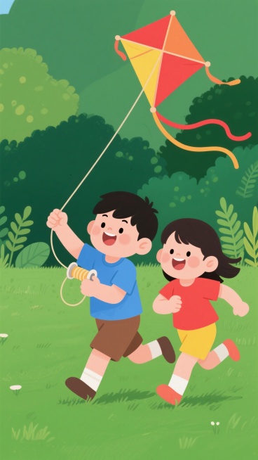 卡通儿童插画风格，两个亚洲小孩在绿色草地上放风筝，男孩穿蓝色短袖和棕色短裤，手里拿着线轴，女孩穿红色上衣和黄色短裤，两人面带笑容奔跑，上方有一个红黄相间的三角风筝在空中飞翔，背景有绿色灌木丛和植物，整体色调明快鲜艳，线条圆润流畅，画面充满童趣和活力，适合作为课本背景使用，构图简洁清晰，氛围轻松愉快。预览效果