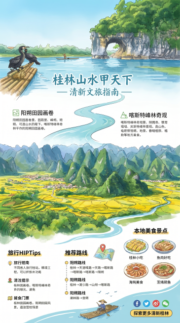 文章长图，清新文旅配色，从上到下流畅信息布局，融合桂林象鼻山与喀斯特峰林田园风光，清新自然，适合新媒体使用预览效果
