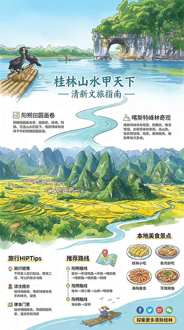 文章长图，清新文旅配色，从上到下流畅信息布局，融合桂林象鼻山与喀斯特峰林田园风光，清新自然，适合新媒体使用