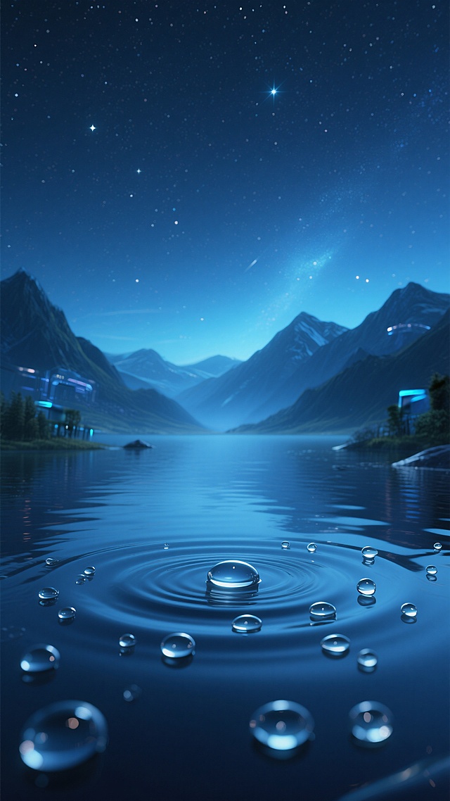 背景是宁静的夜晚。前景水面有一圈水滴，为场景增添了一丝优雅与宁静。背景是布满星星的夜空，群山的轮廓营造出一种宁静的、近乎梦幻的氛围。整体构图结合了科技和自然的元素，创造了一个视觉上吸引人的和谐场景，整体色调深蓝色低饱和度