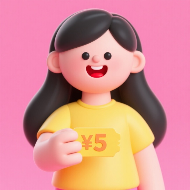 一个女生手里拿着一张“￥5”黄色优惠券，浓郁粉色背景，蓬松的黑长直头发、黑色豆豆眼、红嘴唇、表情幸福的半身卡通人物，黄色上衣预览效果