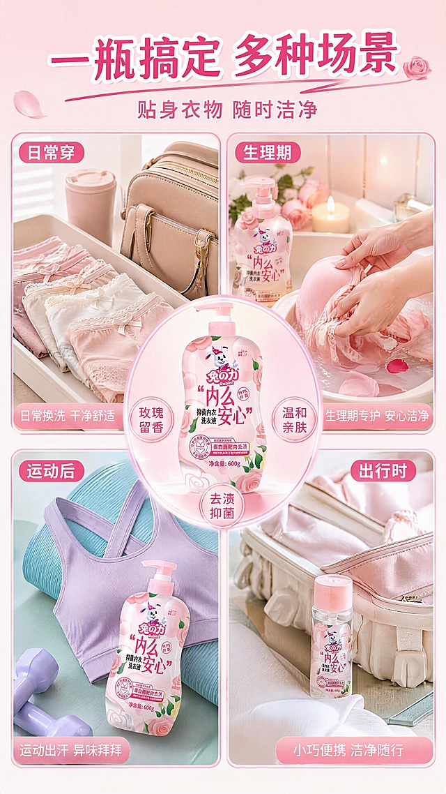 [第7张] 详情页场景种草页-多场景适用展示。本张使用【图1】作为产品点缀。
[氛围/风格] 生活氛围感，多场景拼图，温馨日常，种草感强。
[元素布局] 画面采用四宫格拼图展示四个使用场景：左上「日常通勤」（整洁内衣叠放+通勤包包），右上「经期护理」（粉色柔光灯下内衣清洗场景），左下「运动健身」（运动内衣+瑜伽垫场景），右下「旅行便携」（旅行分装瓶+行李箱）；中心圆形区域放置产品瓶身，占比约20%；每格场景有柔粉色边框和小标签；瓶身外观与输入图一致。
[光影质感] 每格场景独立打光，整体统一暖柔调，中心产品区有柔光突出。
[配色色系] 全局底色 #FFEAEF 暖粉；主色粉白玫瑰调；辅助色米色、浅绿、浅蓝点缀各场景。
[视角构图] 四宫格中心产品构图，阅读动线中心产品 → 四周场景。
[文字版式] 顶部大标题「一瓶搞定 多种场景」，副标题「贴身衣物 随时洁净」；每格场景配场景名标签「日常穿」「生理期」「运动后」「出行时」；中心产品周围环绕「玫瑰留香」「温和亲肤」「去渍抑菌」三个小圆标；文字活泼有种草感。
[比例分辨率] 9:16 竖版比例，4K 分辨率，文字清晰可辨，高清画质。
[负向提示词] 产品变形，文字错乱，文字过小，水印，场景杂乱，颜色偏差。
