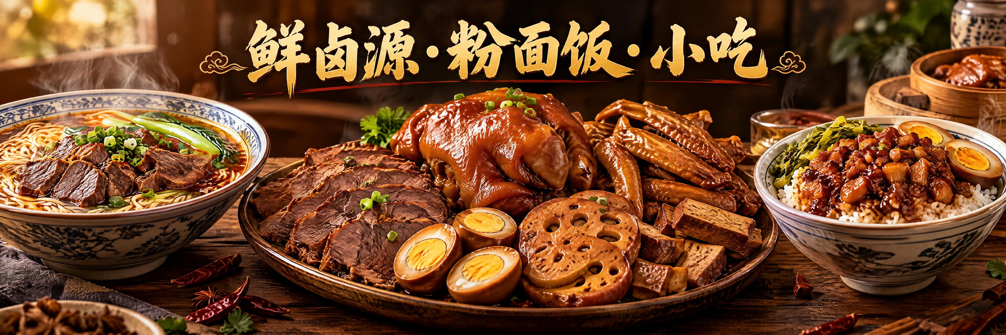餐饮美食海报设计，标题"鲜卤源·粉面饭·小吃"位于上方居中，字… - 图片创意预览