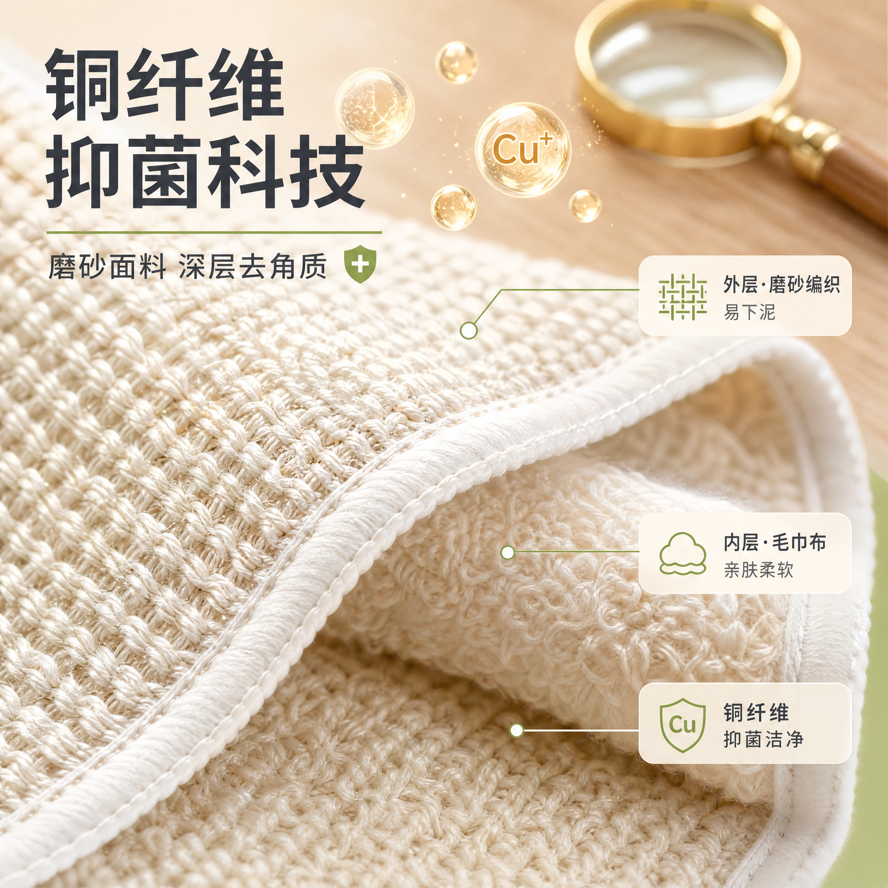 [商品] 使用【图1】米白包边款铜纤维抑杀菌澡巾局部；保留磨砂… - 图片创意预览