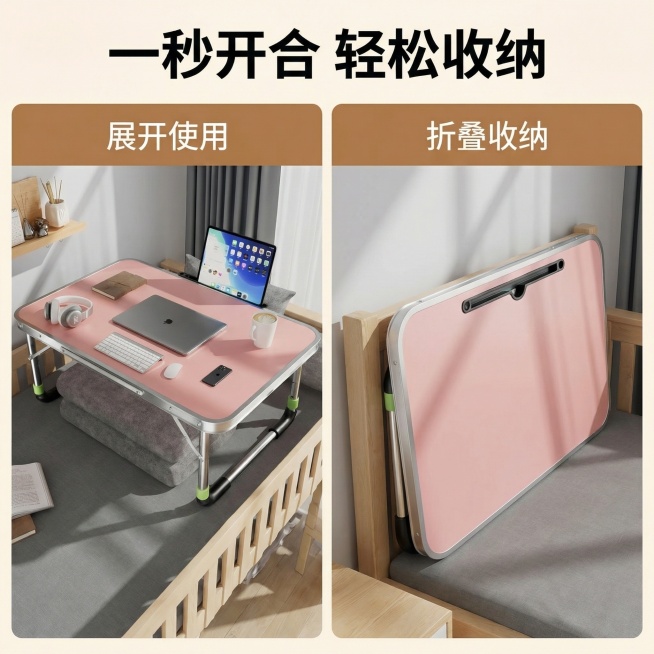 [主图 4] 一秒收纳折叠展示
[主图主题] 折叠收纳方便不占空间
[氛围/风格] 简约干净，对比清晰，统一温馨光影
[画面元素] 左右分屏对比展示，左侧为展开使用状态，右侧为折叠收纳后状态，折叠后厚预览效果