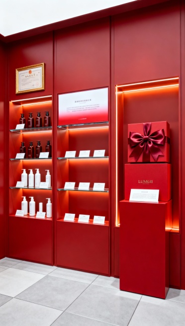 类似风格生产6张，这是一个品牌美妆产品展示空间，采用现代精致的商业陈列风格，以低角度平视的视角拍摄，画面构图稳定规整：
整体空间以浓郁的正红色为主色调，墙面与嵌入式展示柜体统一为哑光质感的正红色，柜体预览效果