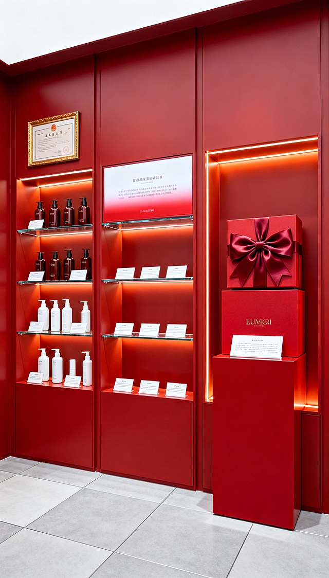 类似风格生产6张，这是一个品牌美妆产品展示空间，采用现代精致的商业陈列风格，以低角度平视的视角拍摄，画面构图稳定规整：
整体空间以浓郁的正红色为主色调，墙面与嵌入式展示柜体统一为哑光质感的正红色，柜体边缘与内部层板带有暖橙色的内嵌灯带，营造出高级温暖的氛围感。
展示柜体为纵向分区的嵌入式设计，搭配透明玻璃层板，左侧区域的玻璃层架上依次陈列着深棕红色瓶身的美妆产品、白色简约瓶身的护肤产品，层架上还搭配有带文字说明的白色展示卡；柜体上方嵌入带有金色边框的认证证书类装饰。
中间区域的柜体层架上摆放着白色展示卡，上方设有一块红白色渐变的宣传展示板，带有文字内容。
右侧区域是礼盒展示区，陈列着带有品牌标识的正红色礼盒，礼盒上装饰有大尺寸的同色系缎面蝴蝶结，下方搭配一个红色方形展示台与白色说明卡。
地面是浅灰色哑光质感的大块方形瓷砖，与红色展示区形成冷暖色调对比，空间光线柔和均匀，凸显出高端美妆专柜的精致与专业感。