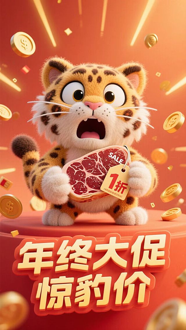 一只卡通豹子惊讶表情，拿着一个带价格标签“1折”的牛排，促销感橙红背景，放射线、金币元素点缀，画面下方3D文字标签“年终大促 惊豹价”。