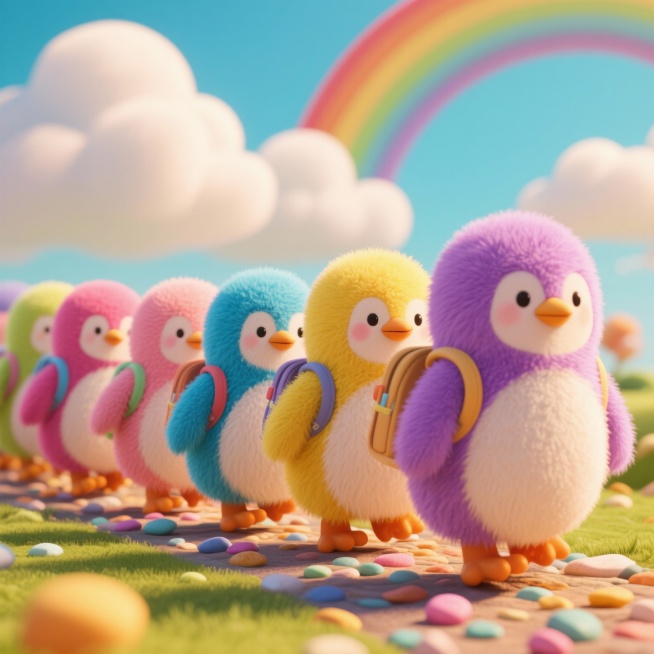 一群色彩斑斓的小企鹅们排着歪歪扭扭的队伍，有粉色、蓝色、黄色、紫色等各种颜色，它们圆滚滚的身体摇摇摆摆地向前走，每只企鹅都背着小书包，像是要去幼儿园上学。背景是柔和的云朵和彩虹，地面铺满了彩色的小石预览效果