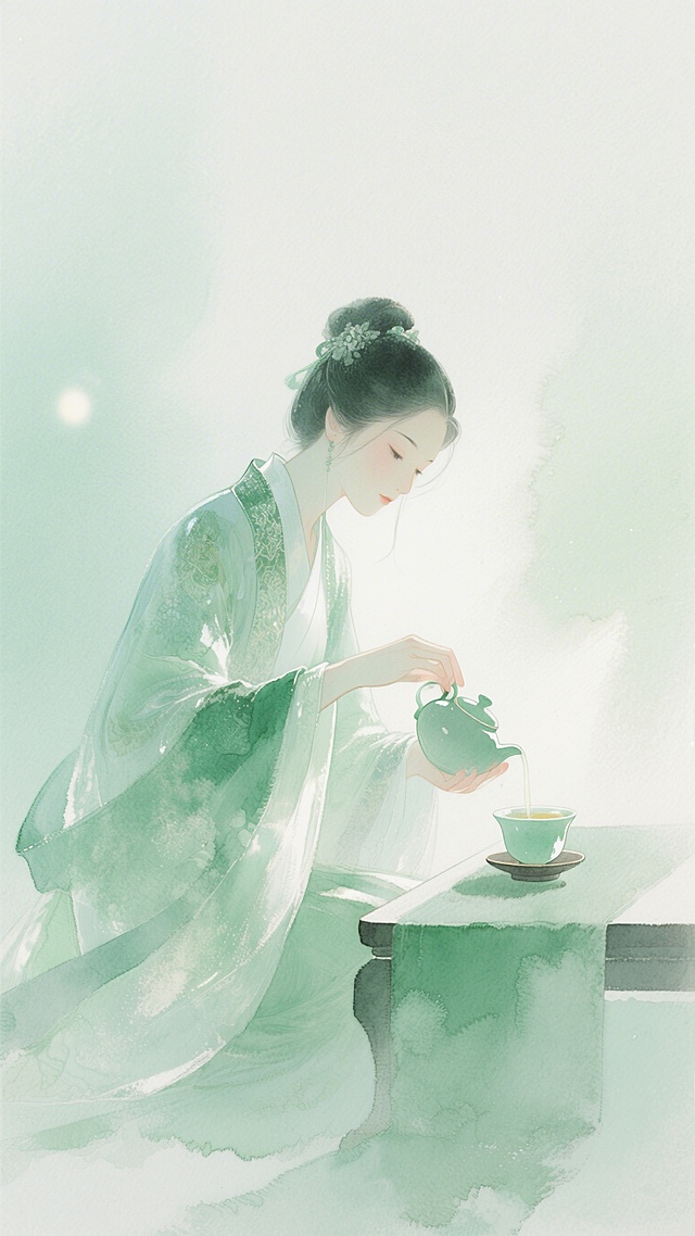 一个茶艺师在斟茶，人物在画面占比适中，非大特写，绿色调，画面朦胧，清新有美感，服饰华丽，淡彩湿画法风格