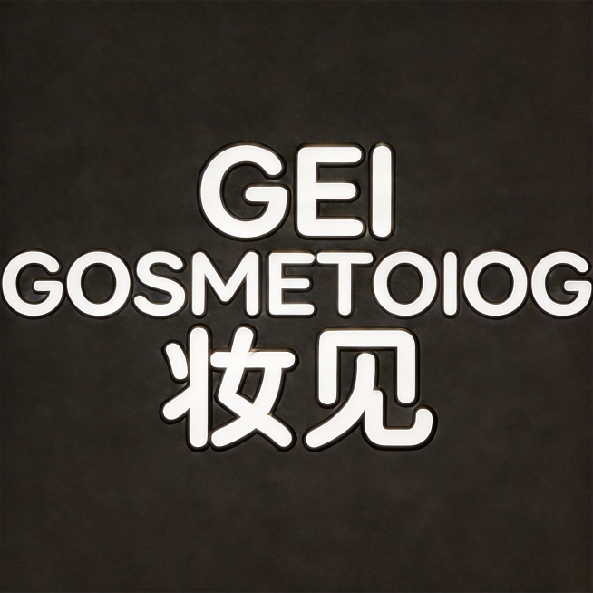 将字体主体颜色改为纯白色，保留哑光金属质感和精致光影，维持暖调深炭灰背景和现有排版，文字内容为"GEI GOSMETOIOG 妆见"预览效果