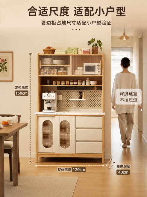 [第7屏] 空间尺度页-餐边柜占地尺寸适配小户型验证。本屏使用【图1】作为产品主体。
[氛围/风格] 真实自然，空间展示清晰，暖调居家氛围。
[元素布局] 餐边柜放置在小户型餐厅靠墙位置，虚线标注整体预览效果