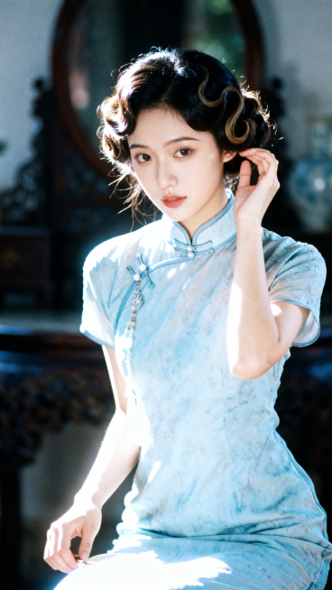 ccd摄影，美人，手推波发型，改良款旗袍，服装造型精致灵动，风情妩媚天真而不自知，楚楚可怜，细节丰富，光线明暗交接，层次丰富，朦胧美学，光的美学，lomo效果，高级感，杰作。非常规构图，非常规动作，随预览效果