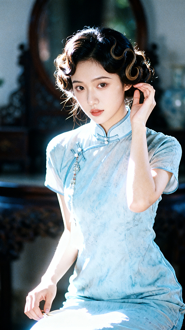 ccd摄影，美人，手推波发型，改良款旗袍，服装造型精致灵动，风情妩媚天真而不自知，楚楚可怜，细节丰富，光线明暗交接，层次丰富，朦胧美学，光的美学，lomo效果，高级感，杰作。非常规构图，非常规动作，随机古典背景，中国传统色彩搭配，色彩偏浅蓝色