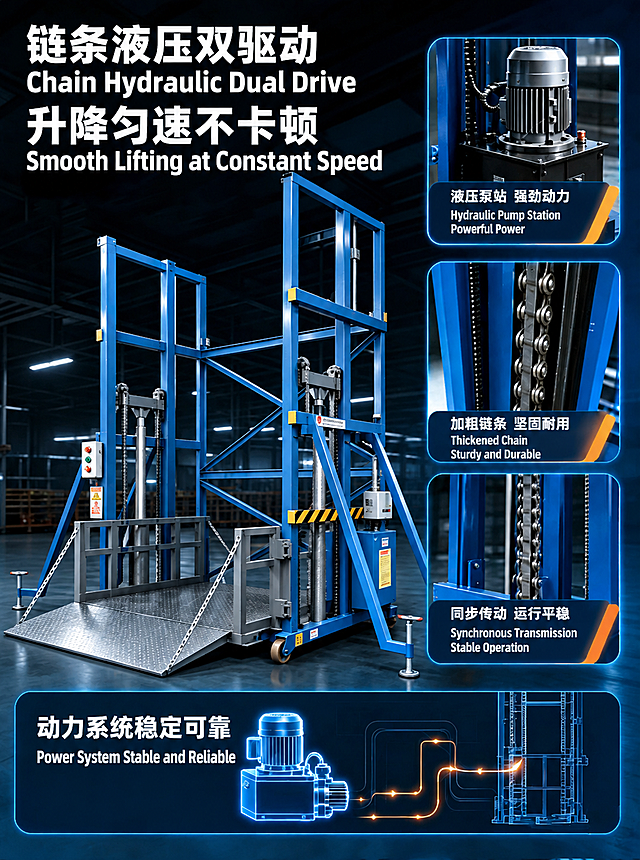 基于这张工业升降平台的产品宣传图，将图中所有中文文字翻译为英文，并保留中文原文，形成中英文双语对照。具体文字对应如下：
1. 左上角大标题：
   原文第一行：链条液压双驱动
   英文第一行：Chain Hydraulic Dual Drive
   原文第二行：升降匀速不卡顿
   英文第二行：Smooth Lifting at Constant Speed
   （保持原白色粗体大字风格，位置不变，排版为中文在上、英文在下，字号层级与原图一致）

2. 右侧三个圆角框内文字（从上到下）：
   第一个框：液压泵站 强劲动力 → Hydraulic Pump Station Powerful Power
   第二个框：加粗链条 坚固耐用 → Thickened Chain Sturdy and Durable
   第三个框：同步传动 运行平稳 → Synchronous Transmission Stable Operation
   （保持原白色文字、橙色描边框的风格，位置不变，中文在上英文在下）

3. 底部蓝色横幅内文字：
   原文：动力系统稳定可靠
   英文：Power System Stable and Reliable
   （保持原白色粗体字风格，位置不变，中文在上英文在下）

要求：
- 开启主体保护，升降平台设备主体及所有产品细节完全保留，不得被文字遮挡或修改
- 所有文字的字体风格、字号层级、颜色、位置和排版关系与原图保持一致
- 翻译后文字与原区域自然融合，背景修复干净，无破损、无重叠、无错位
- 图片整体风格、光影、质感与原图完全一致