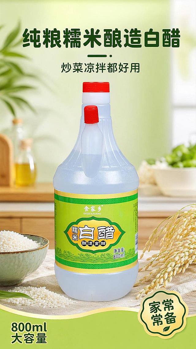 [第1屏] 详情页头图-食家乡糯米白醋酿造食醋产品宣传海报。本屏使用【图3】作为商品主体。
[氛围/风格] 家常烟火气，干净清新厨房风，浅绿背景，黄绿撞色搭配，真实商业摄影质感。
[元素布局] 白醋瓶身置于画面居中偏下位置，占比约65%；顶部预留主标题区域，瓶身周围点缀新鲜糯米穗和干净瓷碗，整体营造清爽干净的厨房氛围，保持瓶身结构、材质、颜色与输入产品图一致。
[光影质感] 顶部柔光照明，瓶身下方自然投影，瓶身透明质感保留清晰高光，整体明亮通透。
[配色色系] 全局底色 #F6F9F4；主色浅黄绿渐变；辅助色深绿标题，米白色糯米装饰。
[视角构图] 正面平视角度，产品为绝对视觉中心，阅读动线从上到下，流畅自然。
[文字版式] 版式为顶部标题 + 中部产品 + 底部信息条。主标题「纯粮糯米酿造白醋」，副标题「炒菜凉拌都好用」，两行圆润黑体居中对齐；底部左侧标注「800ml大容量」，右下角点缀「家常常备」标识；所有文字不遮挡瓶身主体，保持清晰可读。
[比例分辨率] 9:16 竖版比例，4K分辨率，文字清晰可辨，高清画质。
[负向提示词] 瓶身变形，缺件错件，颜色偏差，包装文字错乱，水印，文字过小模糊，背景杂乱