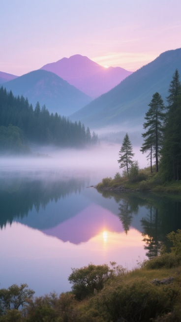 晨曦下的山间湖泊，湖面平静如镜倒映着粉紫色的朝霞与远处连绵的青山，湖岸生长着低矮的灌木与几棵挺拔的松树，晨雾如轻纱般在林间与水面缓缓流动，阳光透过薄雾洒下柔和的金色光斑，整个场景呈现出宁静、清新而梦幻预览效果