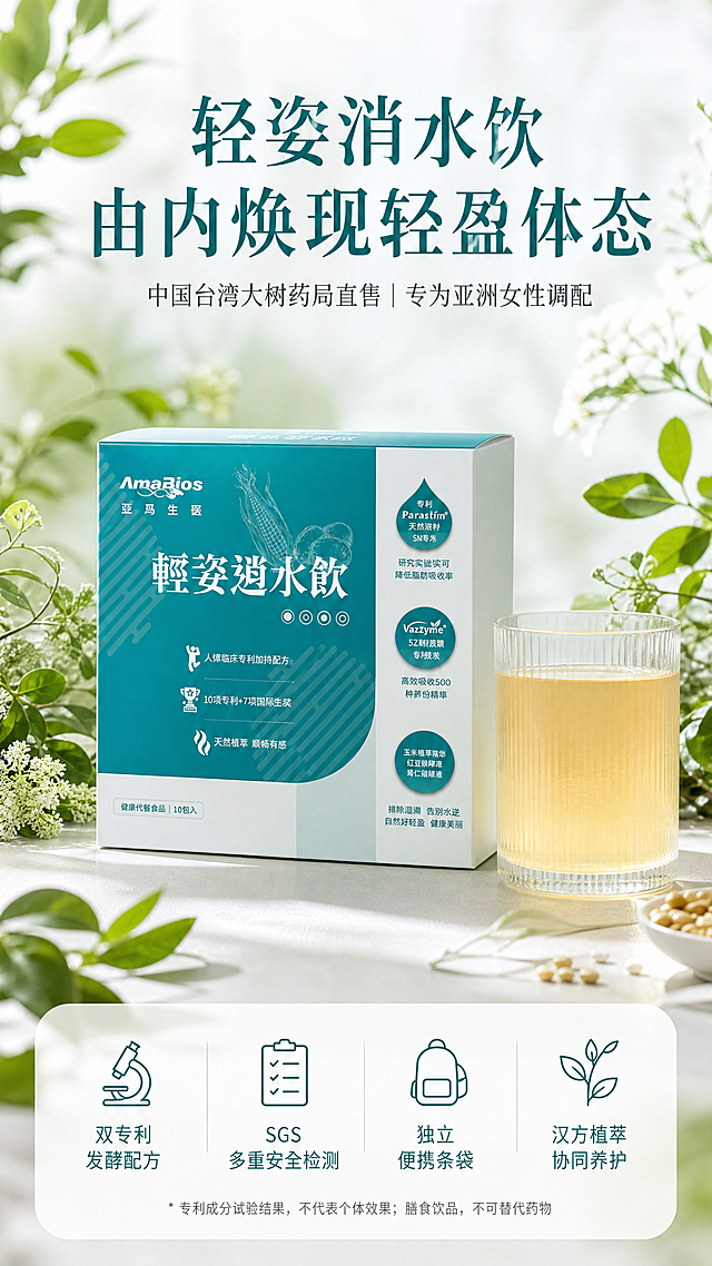 竖版9:16电商产品海报，清新通透高级质感，柔和自然光，自然植物植萃氛围感，实拍风格，拒绝卡通。

图片最上方：
一级超大主标题（思源宋体）：“轻姿消水饮 由内焕现轻盈体态”
二级次标题浅色小字（思源宋体）：“中国台湾大树药局直售｜专为亚洲女性调配”

画面中间主体（居中）：产品外盒主体（参考图中的蓝绿色轻姿逍水饮包装盒），旁边摆放一杯冲调好的饮品，杯中是实拍质感的冲泡好的饮品液体，周围点缀自然绿植元素。

图片底部通栏：4个卖点图标模块横向排列
🔬“双专利发酵配方”
📋“SGS 多重安全检测”
🎒“独立便携条袋”
🌿“汉方植萃协同养护”
图标下方四级合规备注小字：“* 专利成分试验结果，不代表个体效果；膳食饮品，不可替代药物”

字体层级：一级顶部大标题最大最醒目；二级次标题次之；三级图标文字中等；四级合规备注小字最小。整体风格清新自然高级，突出健康轻盈的产品调性。