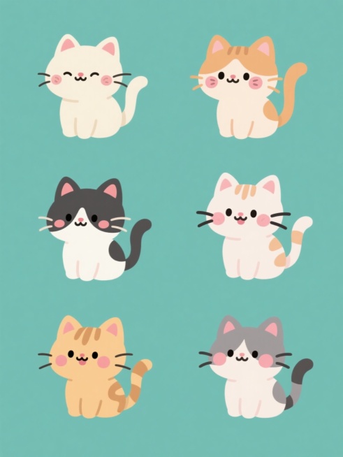 一套由六个不同配色、不同品种、不同风格猫咪组成的素材集合，均采用Q版动漫风格，线条圆润流畅，角色表情可爱，带有腮红细节，纯色背景，每个猫咪姿态各异，整体规整排布成集合形式。预览效果