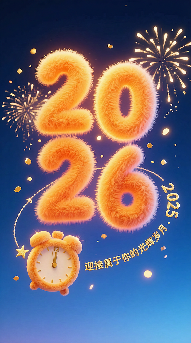 毛茸茸的3D数字“2026”搭配卡通闹钟与烟花，软萌质感融合梦幻光影，营造喜庆可爱的跨年氛围，迎接2025光辉岁月。