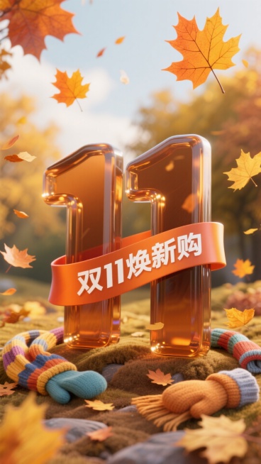 画面中有巨大的棕色透明立体 “双 11” 符号，缠绕着丝带“双11焕新购”，周围点缀着枫叶、围巾和手套等元素，棕黄自然背景，秋日促销氛围。预览效果