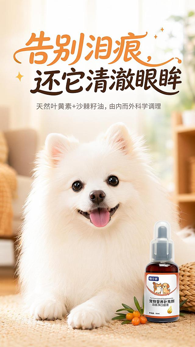[第1屏] 详情页首屏海报-宠物泪痕净口服液宣传图。本屏使用【图3】作为商品主体。
[氛围/风格] 明亮健康治愈氛围，温馨家居风，商业宠物产品摄影质感，清晰通透。
[元素布局] 画面主体为一只毛发洁白、眼眸明亮无泪痕的博美犬，居中构图，宠物占画面约60%；产品瓶身【图3】置于右下角作为精致点缀，尺寸较小不抢视觉重心；背景为柔和高斯模糊的温馨家居一角，光线明亮如清晨阳光；焦点清晰落在宠物眼部，毛发整洁顺滑。
[光影质感] 主光来自左前方明亮暖光，右侧补光柔和弱化阴影，整体光线均匀温暖，突出宠物干净健康的状态。
[配色色系] 全局底色 #FAF6F0；主色暖橙色延伸产品包装；辅助色浅米背景、深棕文字。
[视角构图] 平视角度，宠物微微仰头直视镜头，景深很浅突出眼部，阅读从上到下。
[文字版式] 顶部主标题「告别泪痕，还它清澈眼眸」，使用圆润优雅艺术字；副标题「天然叶黄素+沙棘籽油，由内而外科学调理」，小字浅灰色；文字集中在上半部分，不遮挡宠物眼部和主体产品；文字清晰可辨。
[比例分辨率] 9:16竖版比例，width:1080, height:1920，4K分辨率，文字清晰可辨，高清画质。
[负向提示词] 宠物变形，产品文字错乱，颜色偏差，水印，文字过小，背景杂乱，功效夸大，极限词