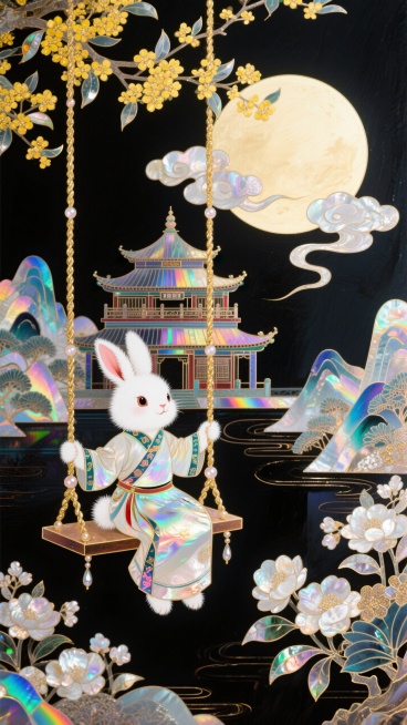 国潮，极繁主义，拟人化的白兔形象坐在秋千上，她的身后是广寒宫，她们居住在一轮巨大圆月上，秋千绳索装饰有桂花，祥云流动环绕整个画面，背景含大量中国风花卉元素和山水，迷幻，意识流，黑色背景预览效果