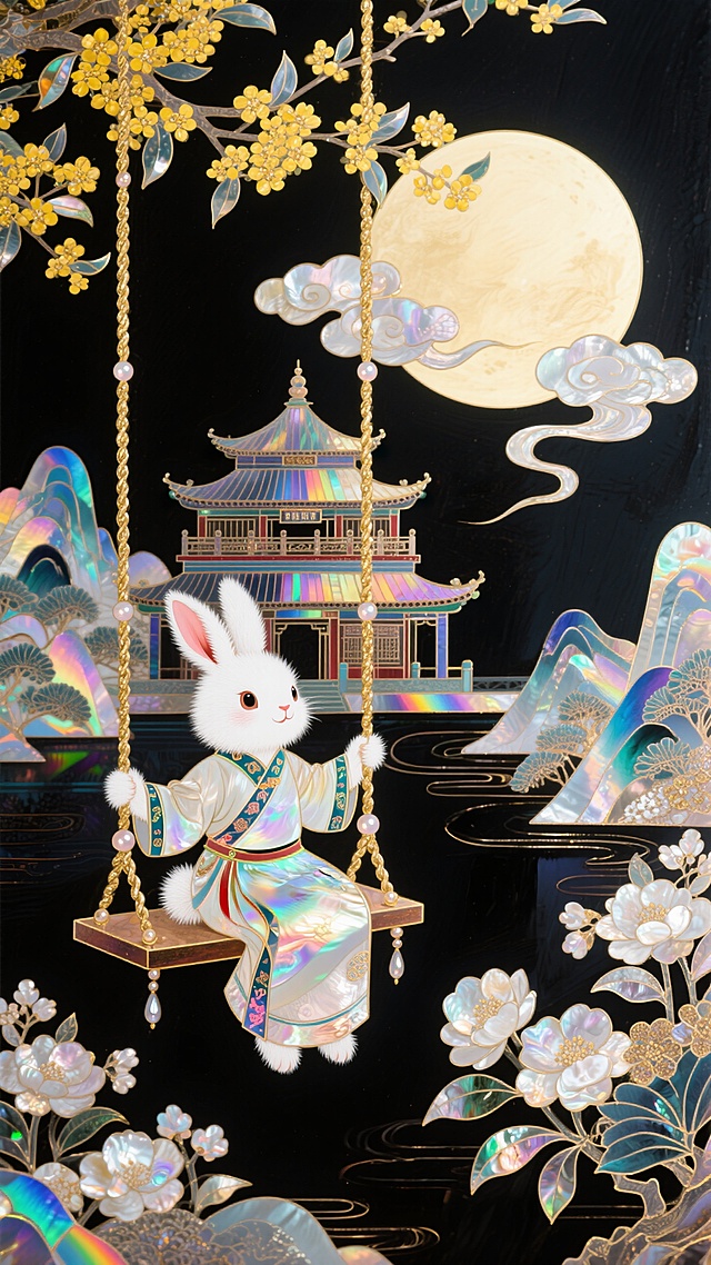 国潮，极繁主义，拟人化的白兔形象坐在秋千上，她的身后是广寒宫，她们居住在一轮巨大圆月上，秋千绳索装饰有桂花，祥云流动环绕整个画面，背景含大量中国风花卉元素和山水，迷幻，意识流，黑色背景