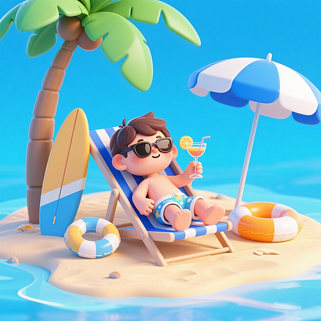 清新软3D风，卡通男孩沙滩度假，椰树、冲浪板点缀，夏日休闲氛围。