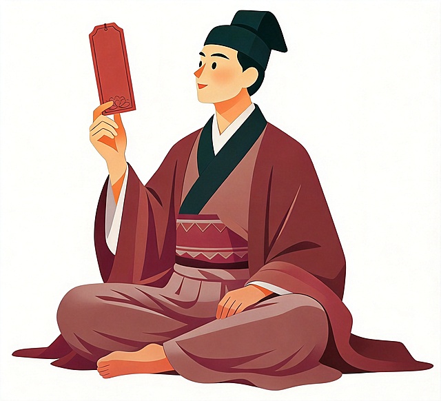 把人物修改为古代赶考的书生形象，保持坐姿和原图扁平插画风格不变