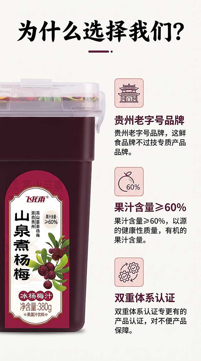 [第7屏] 核心卖点拆解与品牌资质展示。本屏使用【图2】作为产品主体。
[氛围/风格] 清晰信息展示，简洁专业，突出品牌信任背书。
[元素布局] 左栏放置产品【图2】，占比约40%；右栏分三个区域分别展示三个核心卖点，每个卖点配小图标，卖点包含：1. 贵州老字号品牌 2. 果汁含量≥60% 3. 双重体系认证；产品包装和外观与原图一致。
[光影质感] 均匀柔和布光，产品和信息都清晰展示，无明显阴影。
[配色色系] 全局底色 #FAF9F6；主色深紫红色标题，浅红色色块点缀；辅助色黑色正文。
[视角构图] 左右分栏平视构图，阅读动线左产品 → 右卖点信息。
[文字版式] 顶部通栏主标题「为什么选择我们？」，左栏产品，右栏三个卖点从上到下排列，每个卖点标题加粗，小字说明；统一使用书法风格主标题字体，正文字体黑色，层级清晰，文字不遮挡产品。
[比例分辨率] 9:16 竖版比例，2K分辨率，文字清晰可辨，高清画质。
[负向提示词] 产品变形，包装文字错乱，文字过小，颜色偏差，水印，背景杂乱