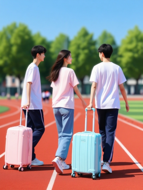 两名穿着不同颜色衣服的青春活力的大学生侧面（一男一女），女生拉着马卡龙粉色拉杆箱，男生拉着马卡龙蓝色拉杆箱，行走在红色校园跑道上。背景是蓝天、绿树、操场，远处隐约可见教学楼和模糊的一群学生身影，风格写预览效果