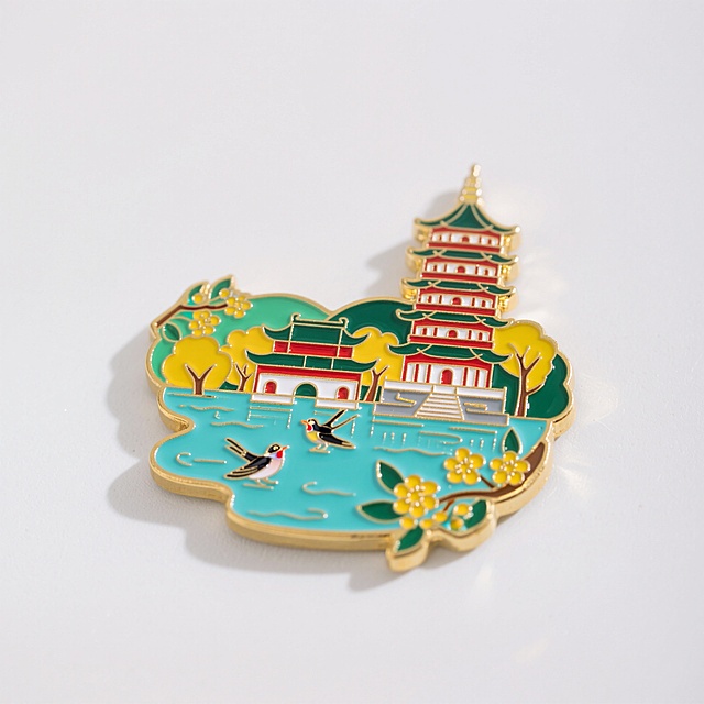 金边珐琅金属冰箱贴，中国风，杭州，雷峰塔、桂花、小鸟、西湖水景。