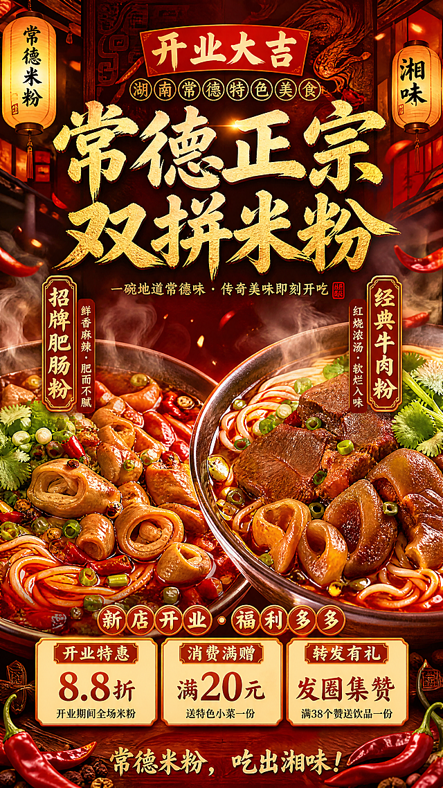 重新生成湖南常德美食海报，左侧是红油肥肠粉，右侧是红烧牛肉粉，突出浓郁红汤和大量浇头，浓郁湘味风格，暖红色调餐饮海报，醒目主标题"常德正宗双拼米粉"，分别标注"招牌肥肠粉"和"经典牛肉粉"，汤汁红润油亮，更有食欲，适合餐馆开业宣传