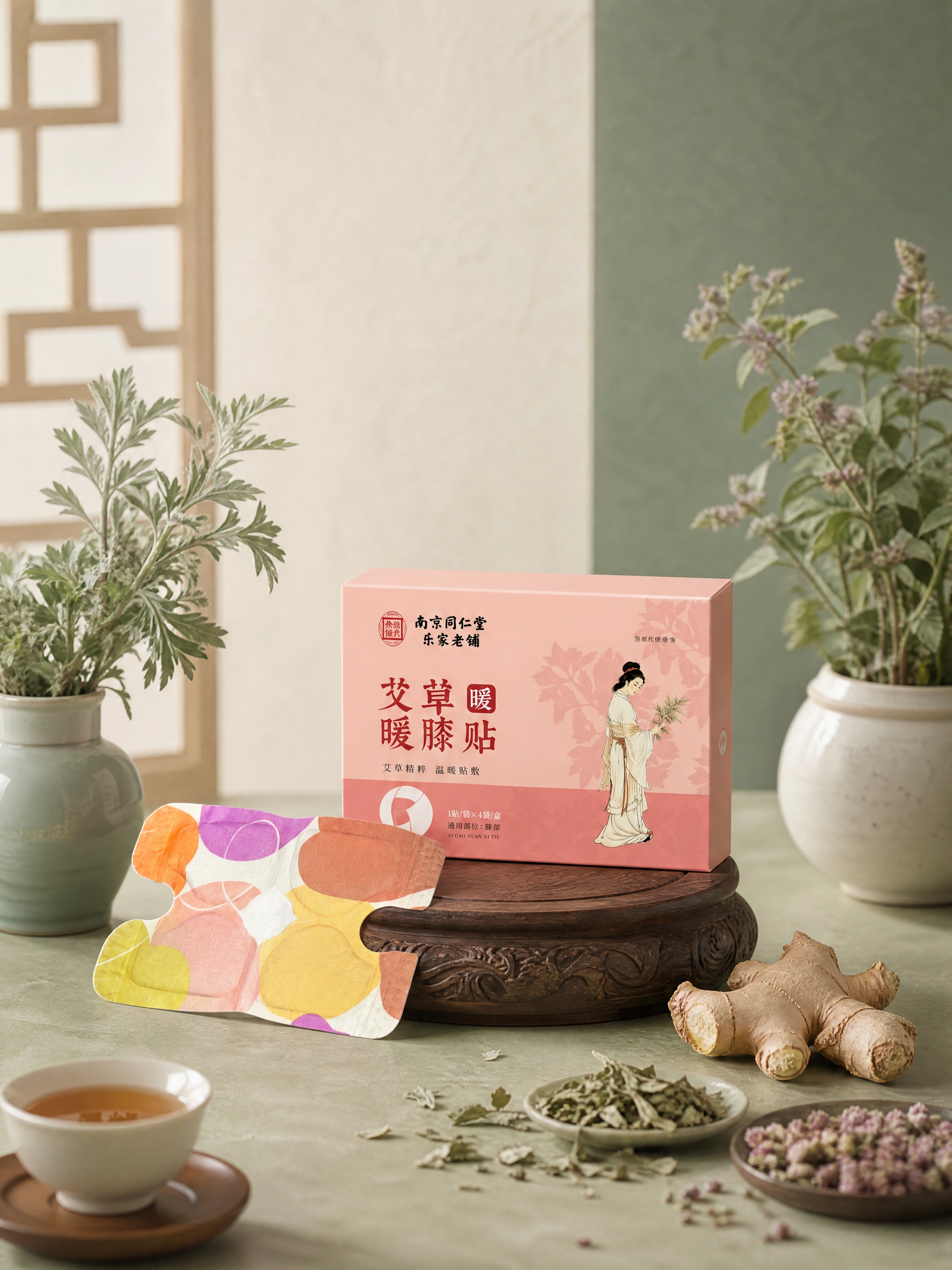 艾草暖膝贴产品（含包装盒与暖膝贴本体），严格参照上传产品图，完… - 图片创意预览
