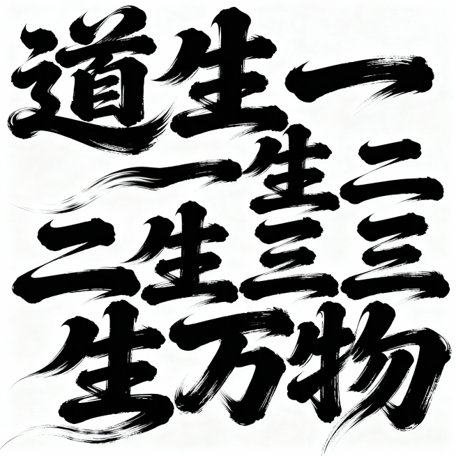 书法字体海报“道生一一生二 二生三三生万物”，草书字体，狂野奔放，视觉张力富有动感，超粗笔画流畅飘逸，笔画巧妙延长变形，飞白效果，笔画流畅潇洒，黑字白底预览效果