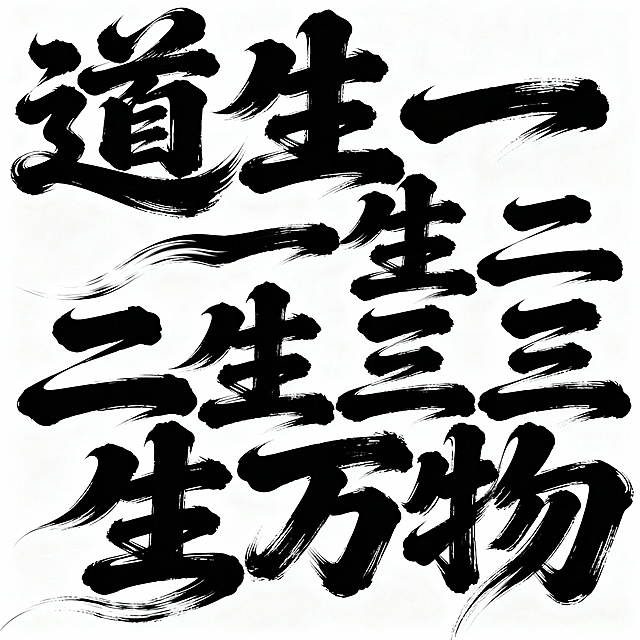 书法字体海报“道生一一生二 二生三三生万物”，草书字体，狂野奔放，视觉张力富有动感，超粗笔画流畅飘逸，笔画巧妙延长变形，飞白效果，笔画流畅潇洒，黑字白底