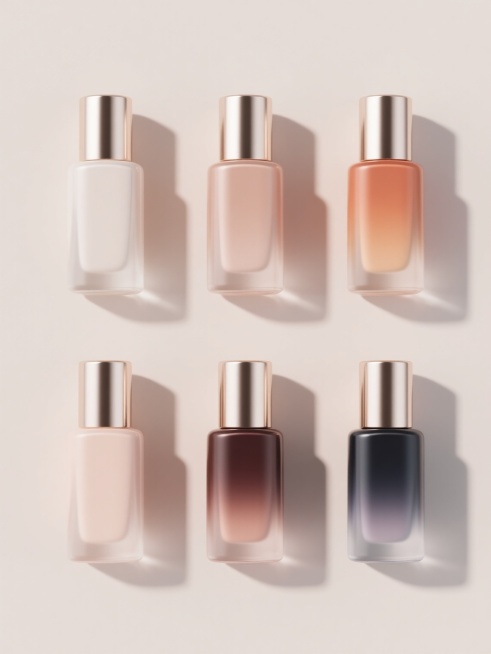 6个不同配色、不同样式、不同材质的美妆造型，采用上下两行对齐排列，浅色背景，3D渲染效果，光滑渐变的瓶身，金属质感的瓶盖，高光与阴影处理细腻，整体呈现简约现代的设计风格，色彩和谐，光影自然，立体感强，细节精致，视觉效果通透。预览效果