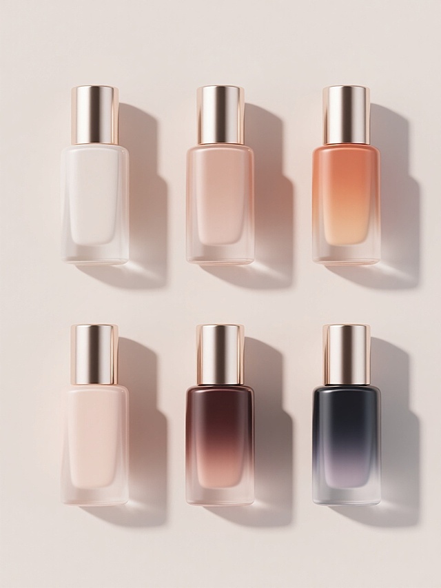 6个不同配色、不同样式、不同材质的美妆造型，采用上下两行对齐排列，浅色背景，3D渲染效果，光滑渐变的瓶身，金属质感的瓶盖，高光与阴影处理细腻，整体呈现简约现代的设计风格，色彩和谐，光影自然，立体感强，细节精致，视觉效果通透。