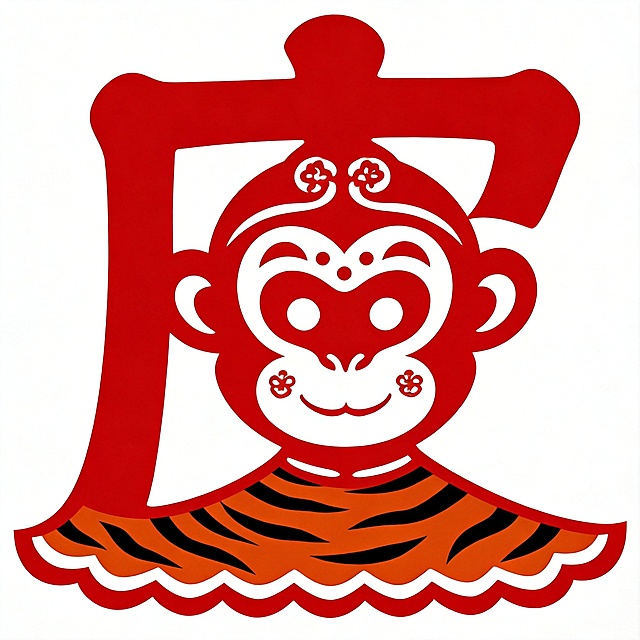 在原图基础上修改，把"皮"字的撇捺边缘改成虎皮裙的波浪边，将字的中间部分设计成孙悟空猴脸轮廓，添加几个简单的圆形镂空花纹代表五官，保持红色皮影剪纸风格，整体造型依旧简单，适合一年级小朋友裁剪，保证字形清晰可识别，文字完整不裁切，纯白色背景