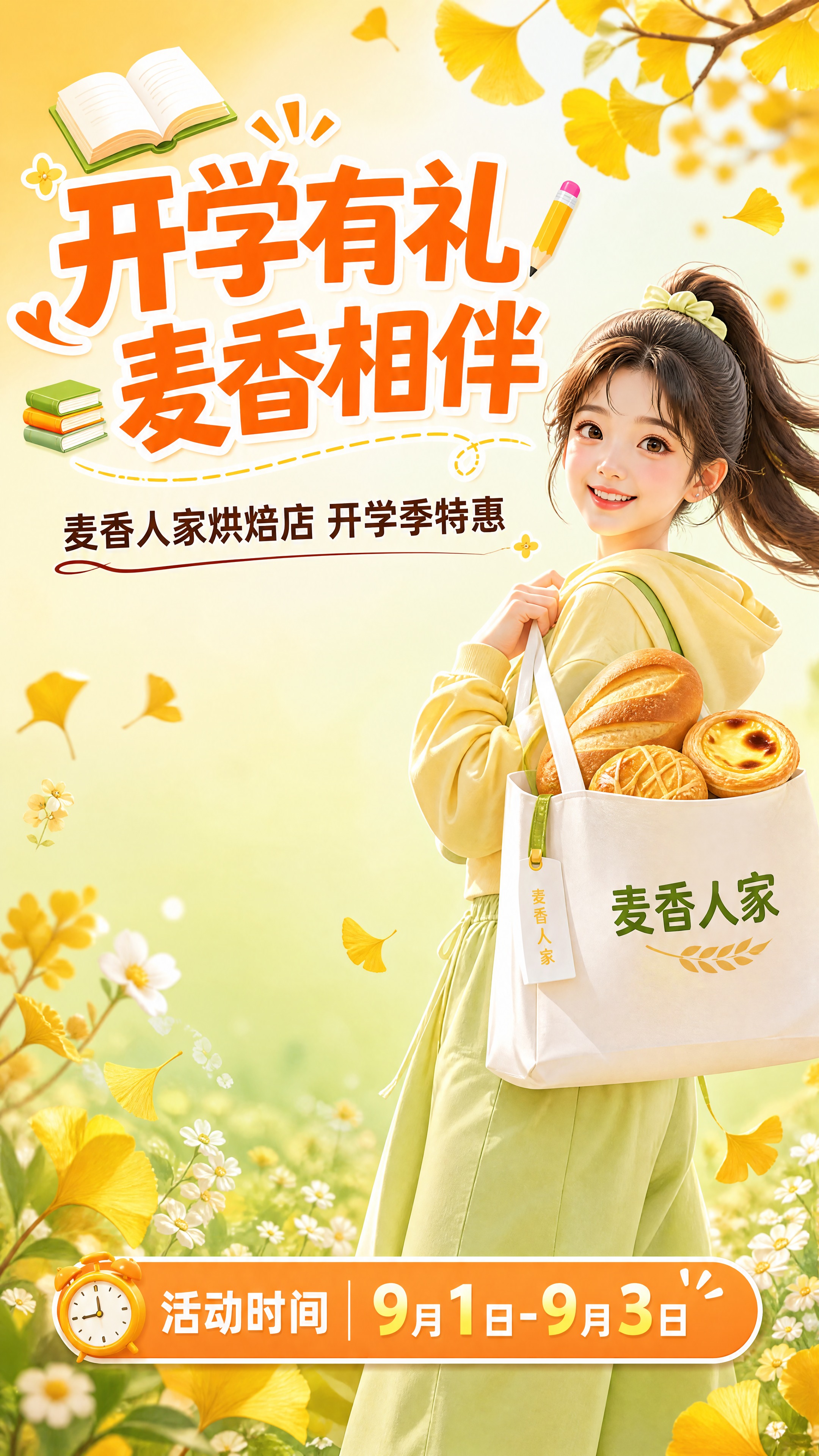 开学季活动头图海报，秋季暖黄色和嫩绿色渐变背景，卡片式长图风格… - 图片创意预览