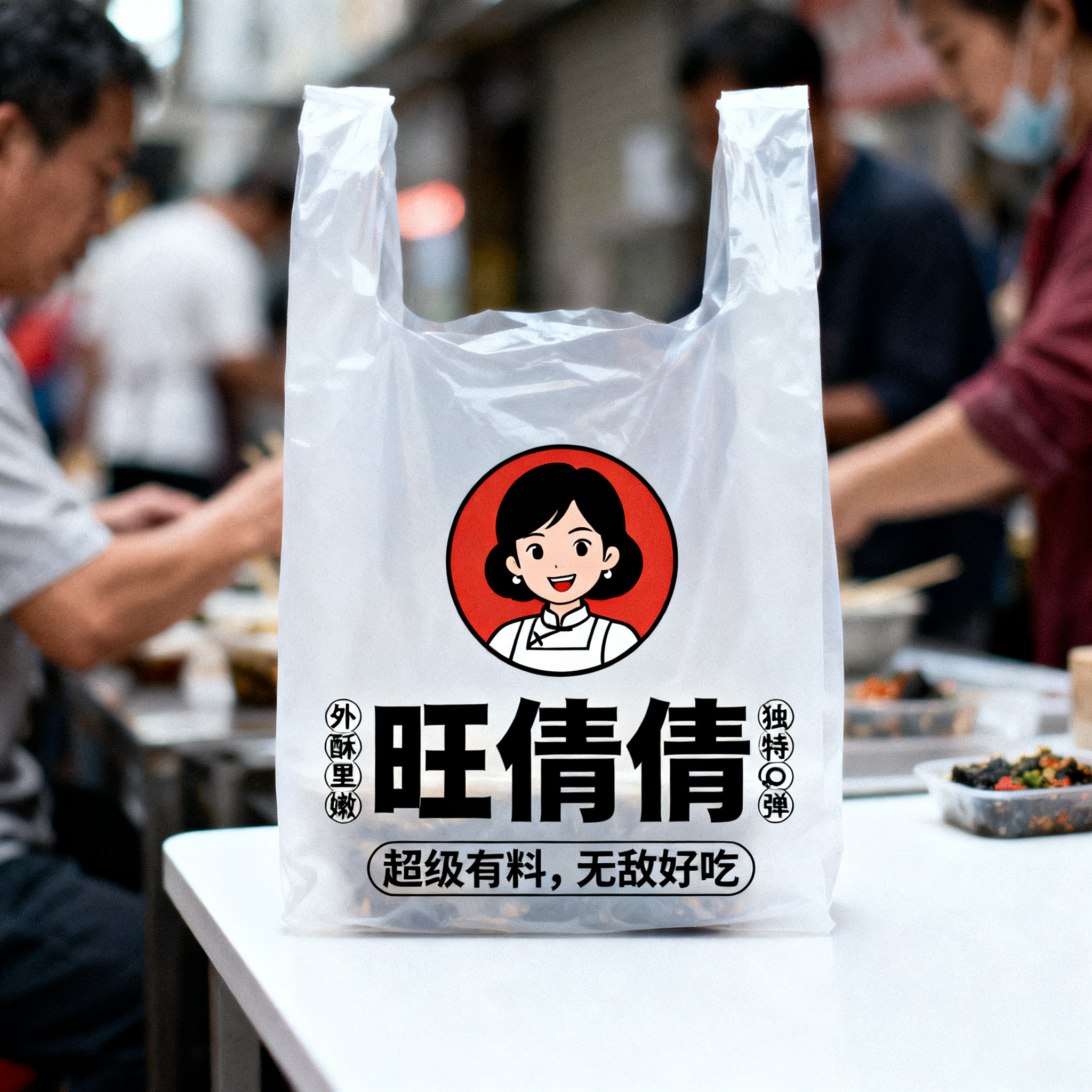 旺倩倩皮蛋臭豆腐品牌白色透明塑料打包袋平面图设计，正面居中印有… - 图片创意预览