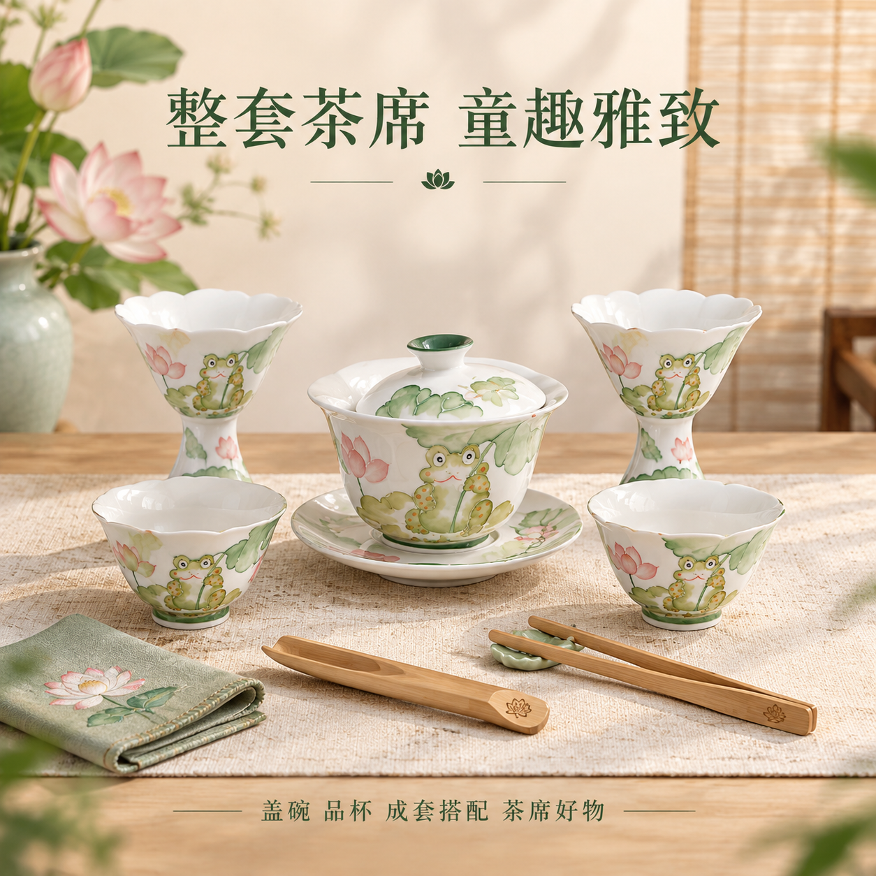 [主图-6] 手绘青蛙荷花盖碗 套装搭配与茶席组合展示 [统一… - 图片创意预览